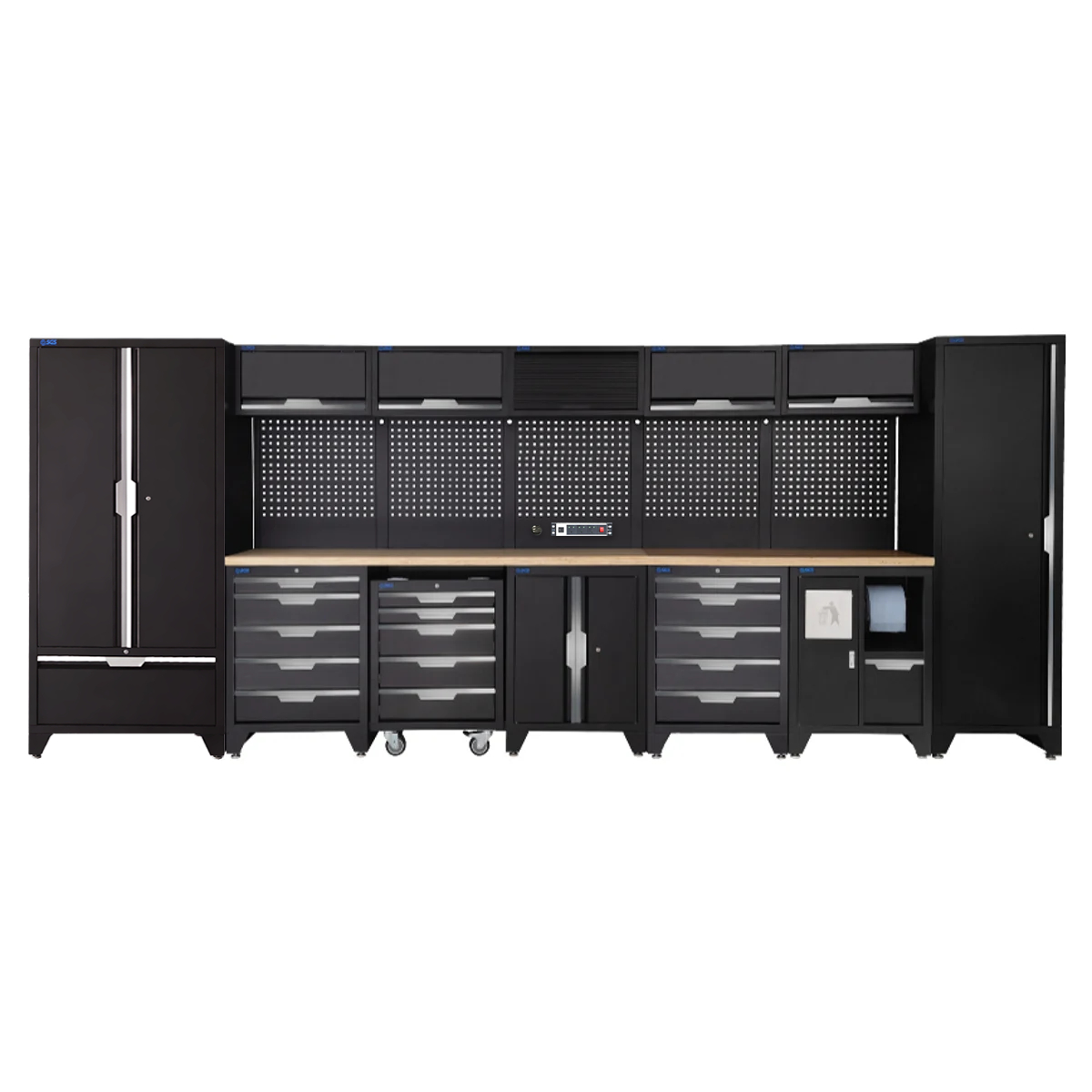 SGS 17pc Garage Storage System | 15 Drawers | Pressed Wood Worktop | Tall Single & Double Cabinet with Drawer | Bin Unit | Floor Cabinet | 5x Upper Cabinets | Pegboard with Power Strip